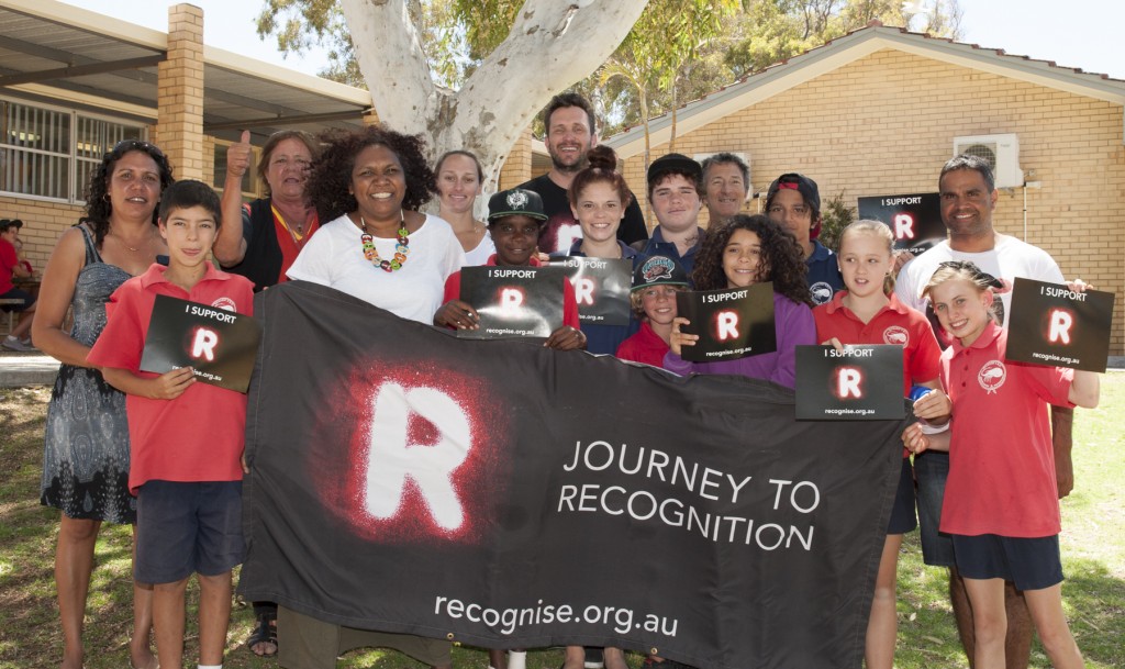 Ningali Lawford Wolf, of Bran Nue Dae and Rabbit Proof Fence, with kids from Kalbarri District School